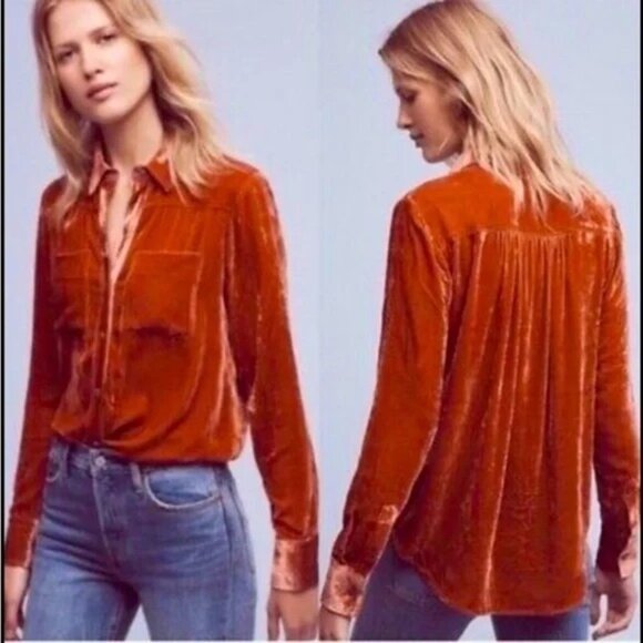 Anthro Holding Horses Rust Silk Blend Crushed Velvet Button Down Blouse Shirt XS - Picture 1 of 16